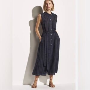 Vince Blue White Pinstripe Dress Belted Sleeveless M